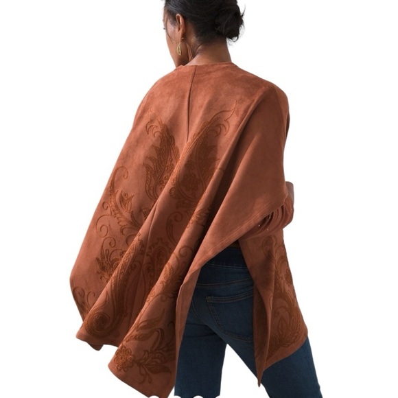 Chico’s Faux Suede Terracotta Embroidered Bohemian Ruana - Picture 3 of 8